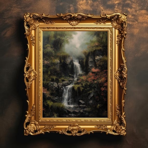 Tranquil Forest Waterfall Vintage Landscape Moody Nature Oil Painting Antique Artwork