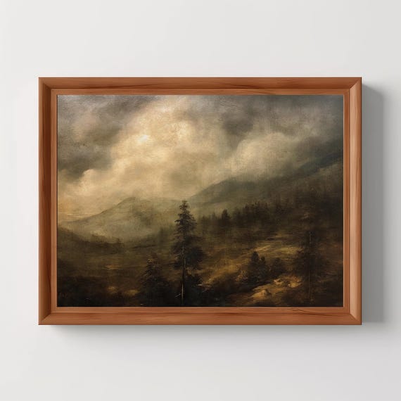 Hazy Mountain Landscape Vintage Oil Painting Moody Wall Art Dark Rustic Forest Print Muted Home Decor