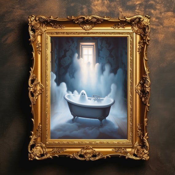 Cute Taking A Bath Halloween Decor Bathroom Print For Kids Art Dark Academia Gothic Wall