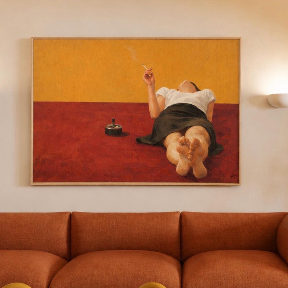 Abstract Woman Smoking Oil Painting Print, Mid-Century