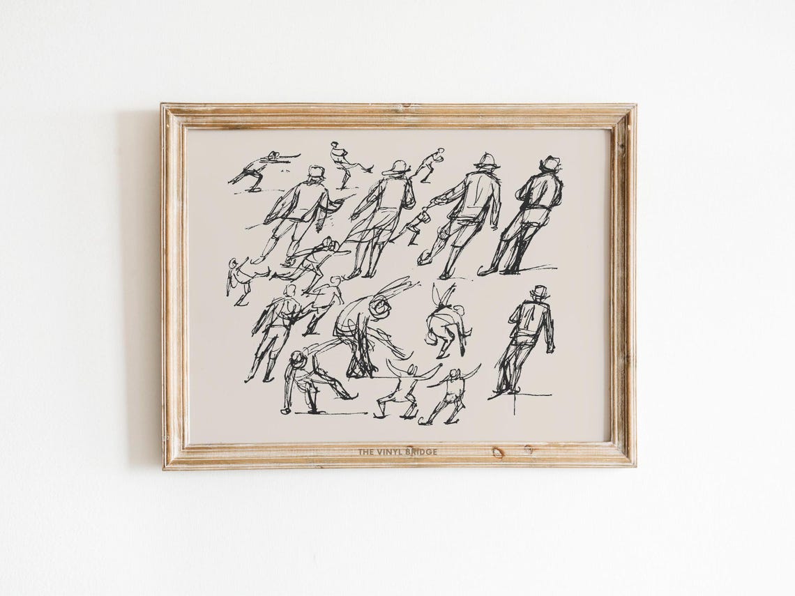 Vintage Ice Skaters Line Drawing Winter Holiday Figure Art Poster - Image 2
