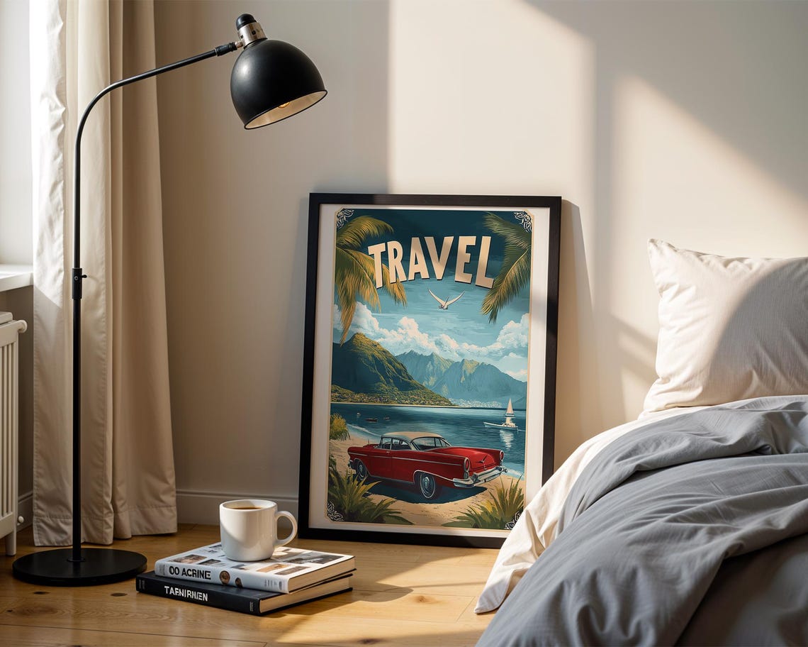 Retro Travel Classic Red Car Coastal Seaside Vacation Art Poster - Image 5