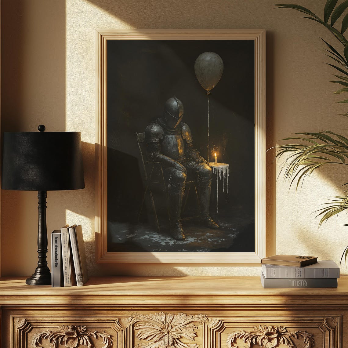 Melancholy Knight Balloon Candle Dark Oil Painting Wall Poster