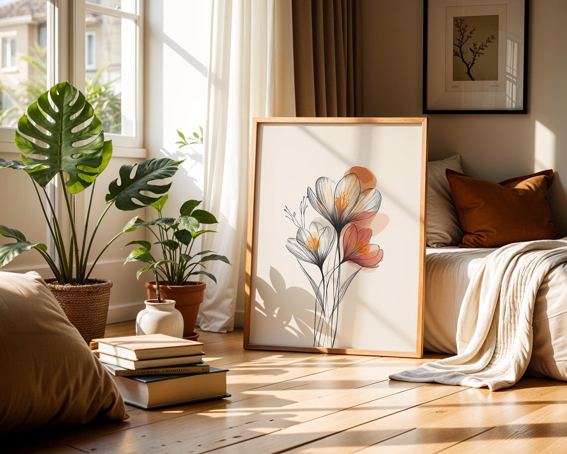 Minimalist Floral Line Art with Soft Watercolor Bloom Wash Poster - Image 5