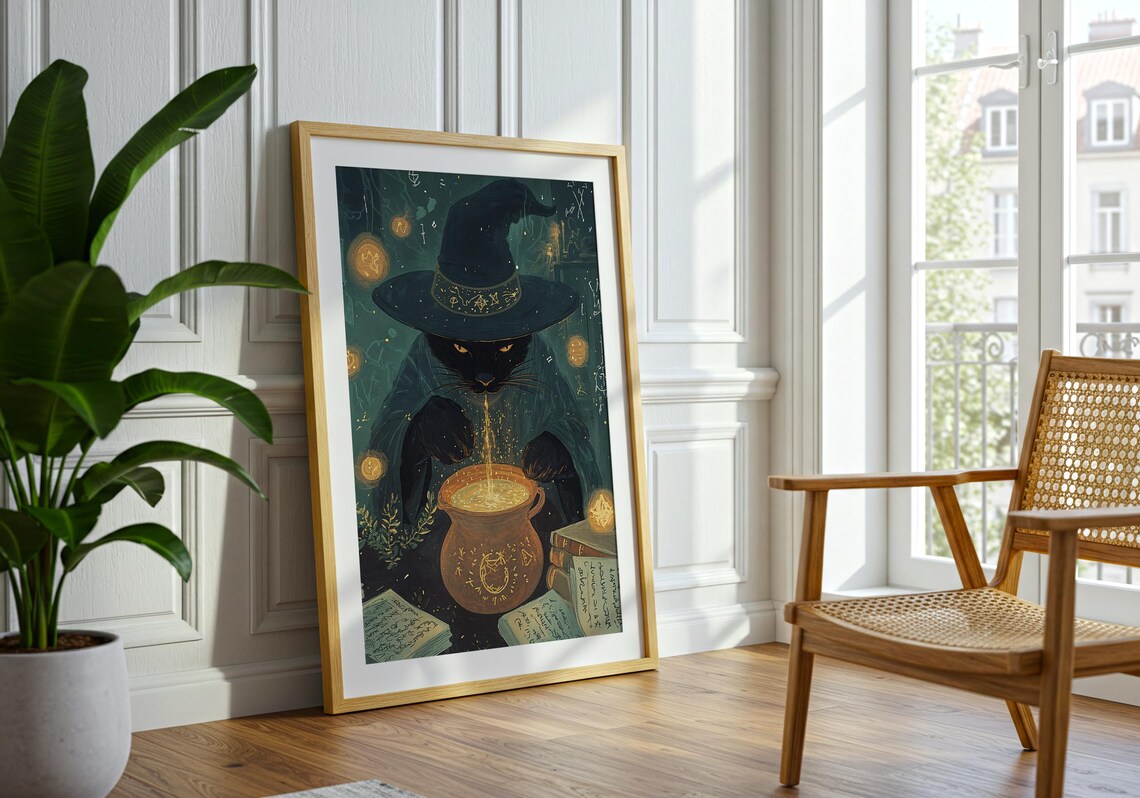 Witch Cat Stirring Golden Cauldron Spell Books Floating Orbs Fantasy Wall Art - Image 2