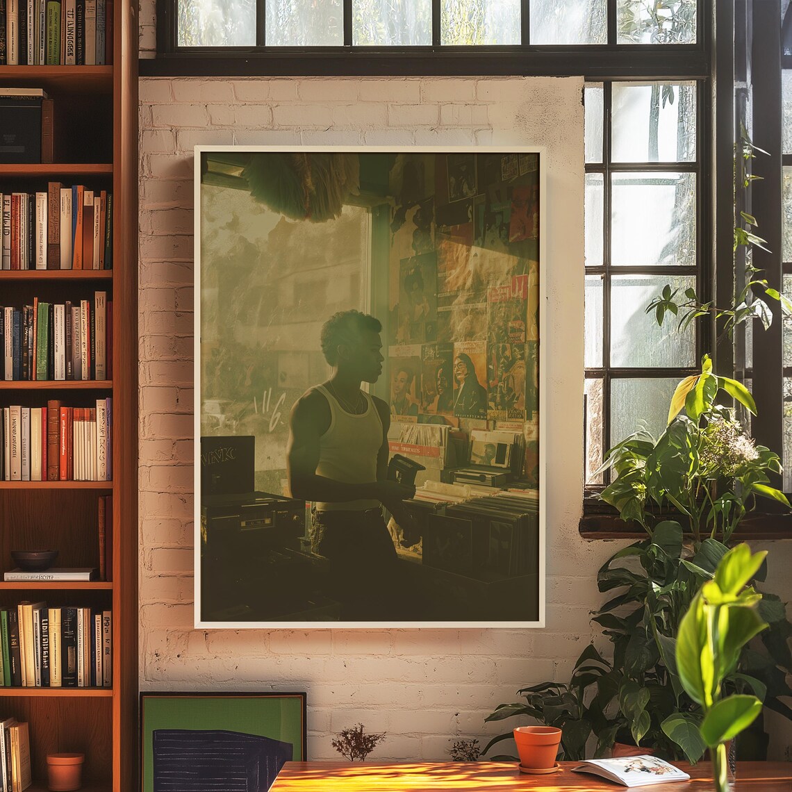 Man Digging Vinyl in Sunlit Record Store Retro Music Shop Cinematic Wall Art - Image 2