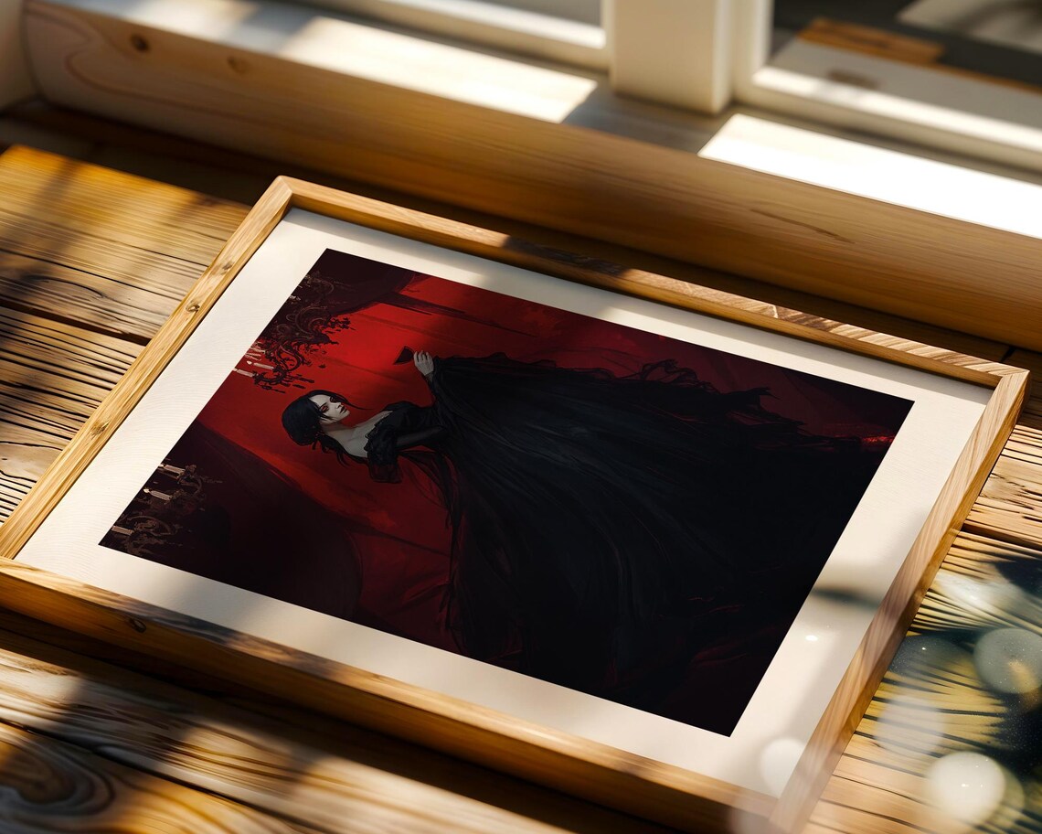 Gothic Lady Black Gown Red Curtain Wine Glass Romance Art Poster - Image 4