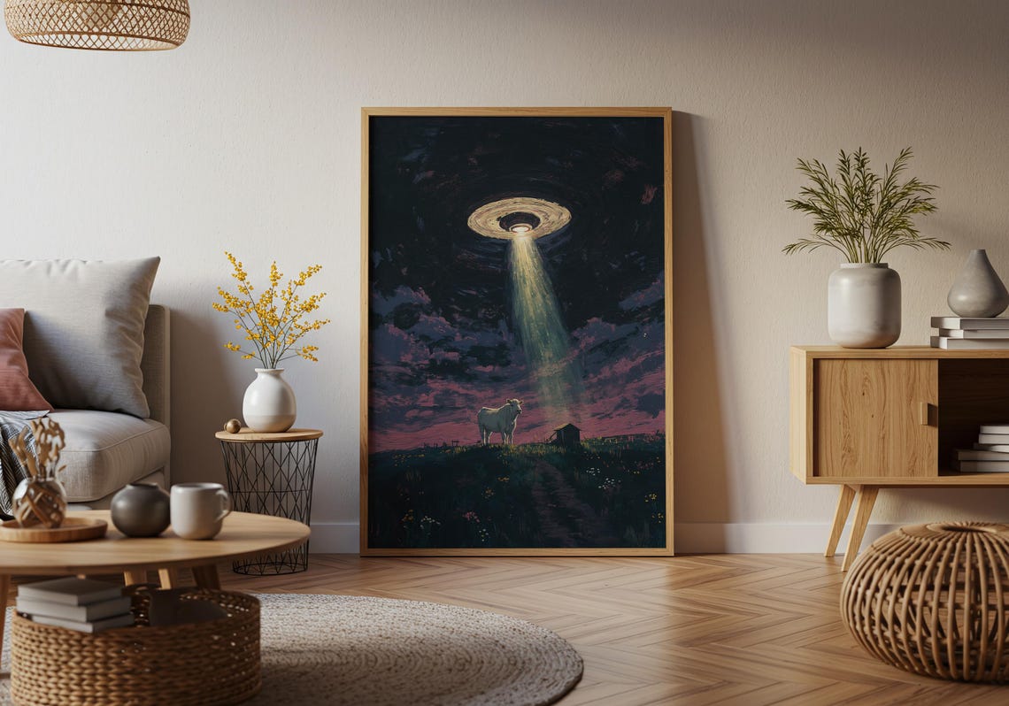 UFO Abduction Cow Night Field Surreal Alien Encounter Poster - Image 2