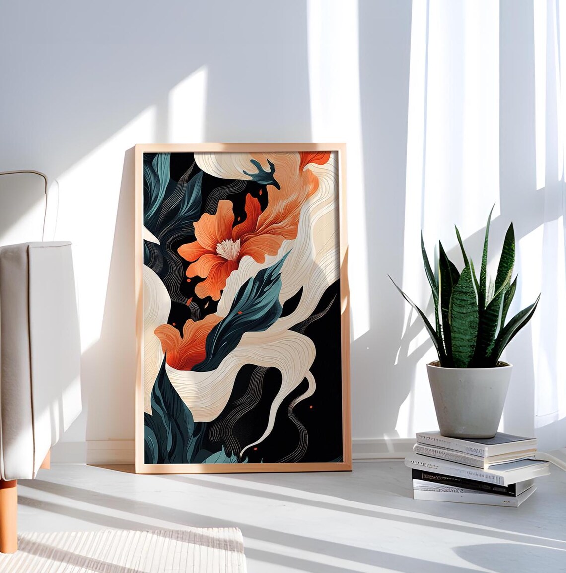 Orange Blossom Flowing Petals Dark Botanical Modern Floral Art Poster