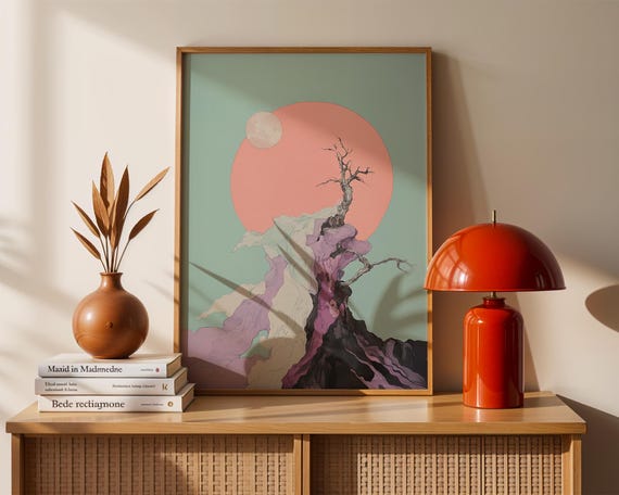 Surreal Fantasy Art Print Abstract Moon Sun Poster Dreamy Nature Wall Mystical Tree Landscape