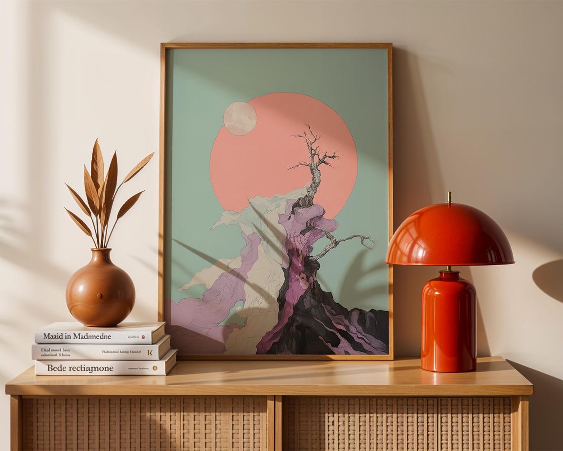 Surreal Lone Tree Pink Sun Mint Green Dream Landscape Wall Poster