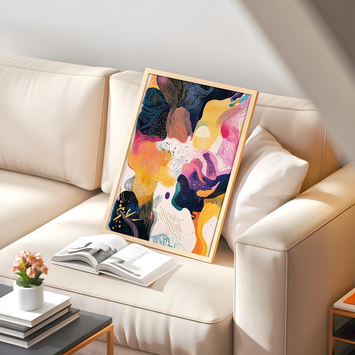 Vibrant Flowing Line Abstract Art Print Navy Pink Yellow Modern - Image 5