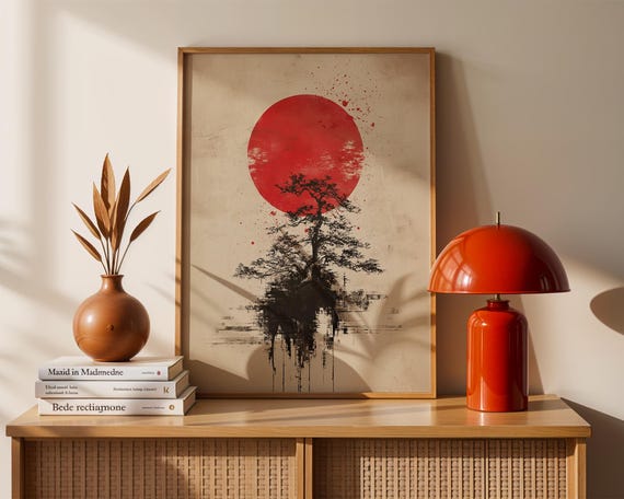 Japanese Sun Art Print, Bonsai Tree Zen Ink Wash
