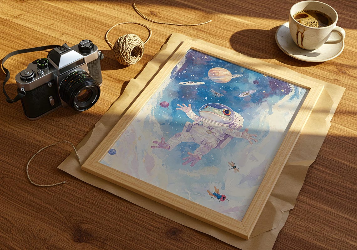 Astronaut Frog Whimsical Space Adventure Watercolor Cosmic Art Poster - Image 2