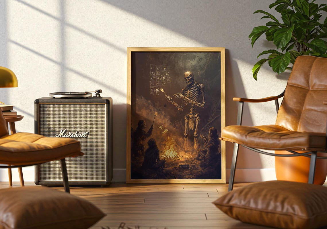 Skeleton Teaching Cavemen Art Print Funny Evolution Wall Surreal Campfire Poster - Image 4