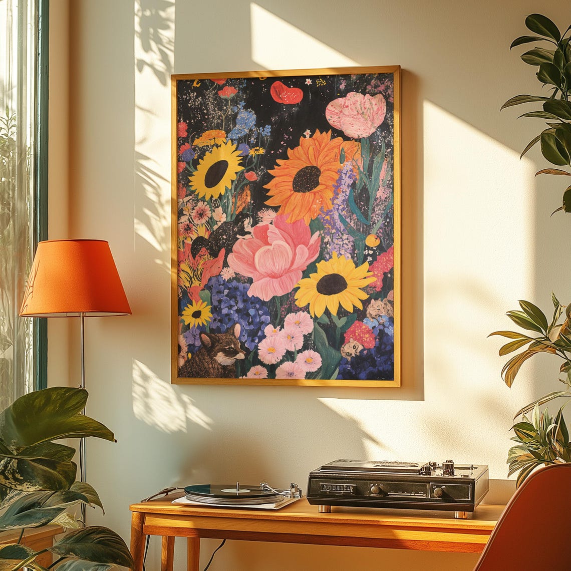 Vibrant Flower Garden Colorful Floral Cat Surreal Night Art Print - Image 5