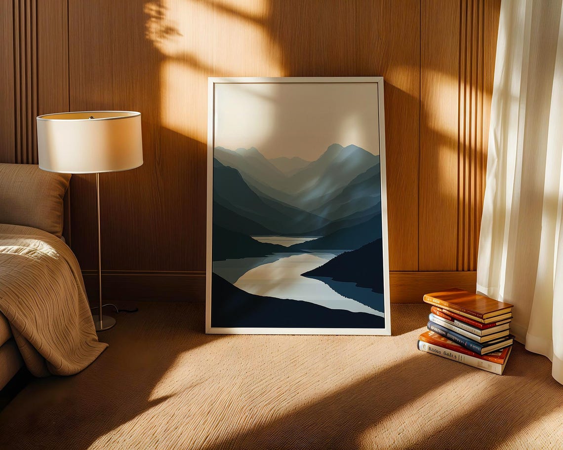 Layered Blue Mountain Ranges with Winding River Valley Art Poster - Image 2