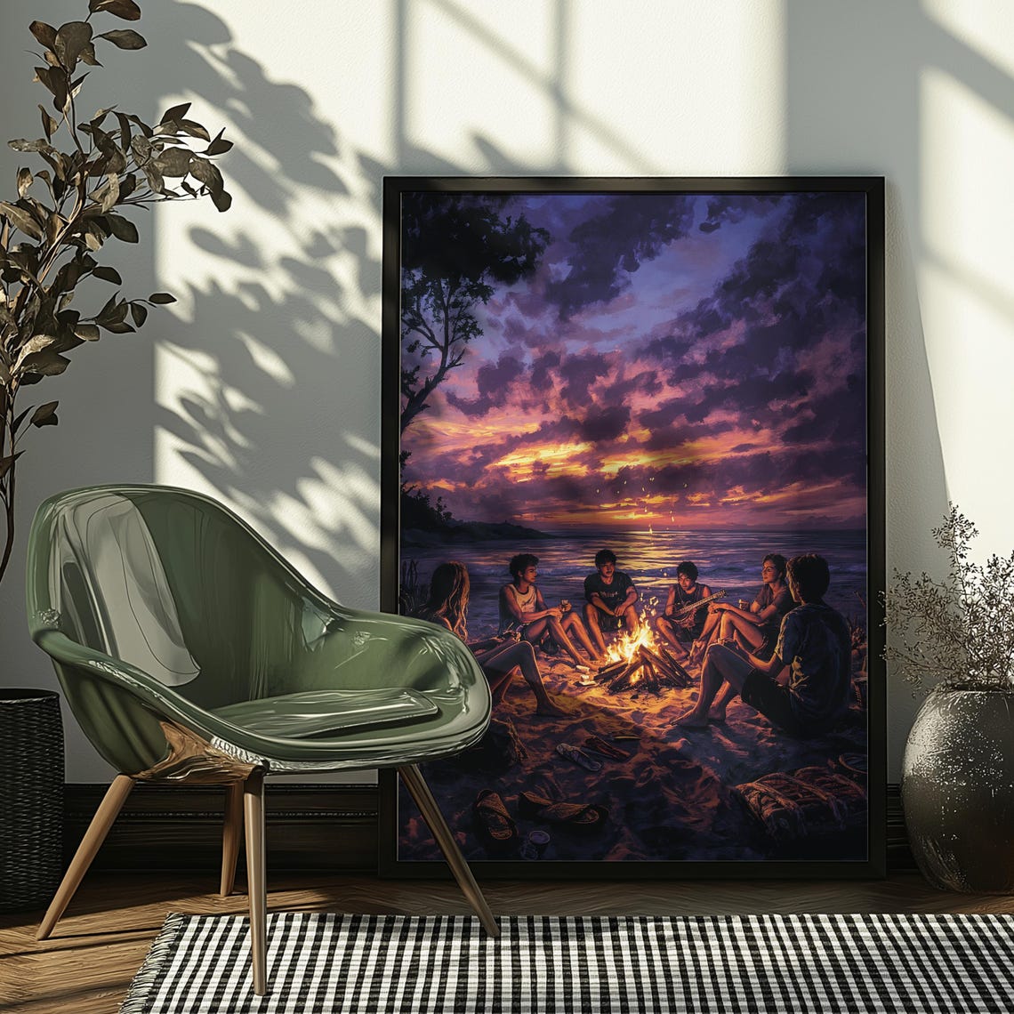 Beach Bonfire Sunset Friends Guitar Summer Night Ocean Art Poster - Image 4