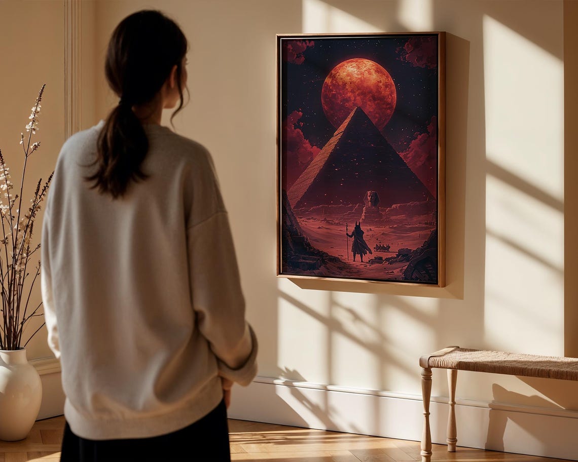 Blood Moon Pyramid Night Desert Anubis Figure Egypt Mythology Poster - Image 3