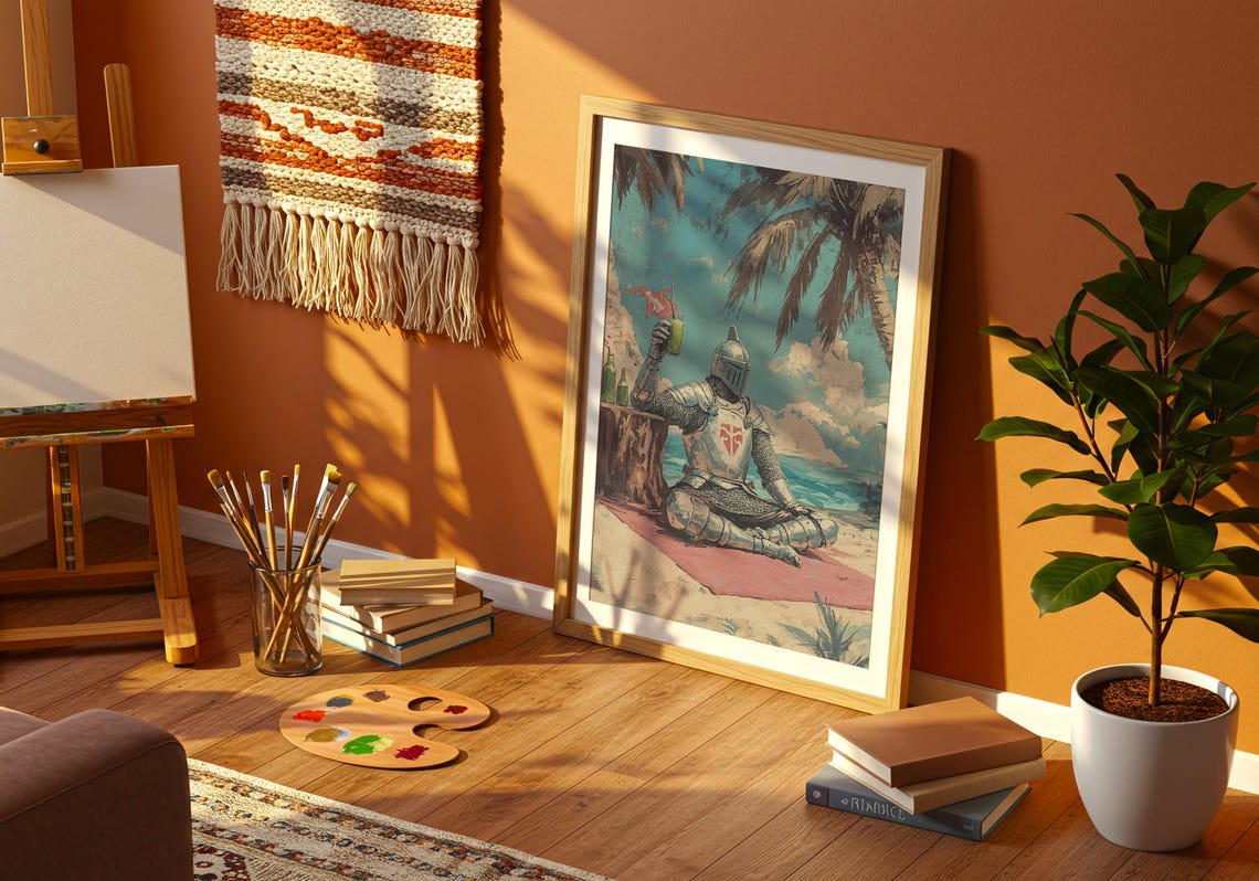 Knight in Full Armor Relaxing on a Tropical Beach with a Drink Poster - Image 4