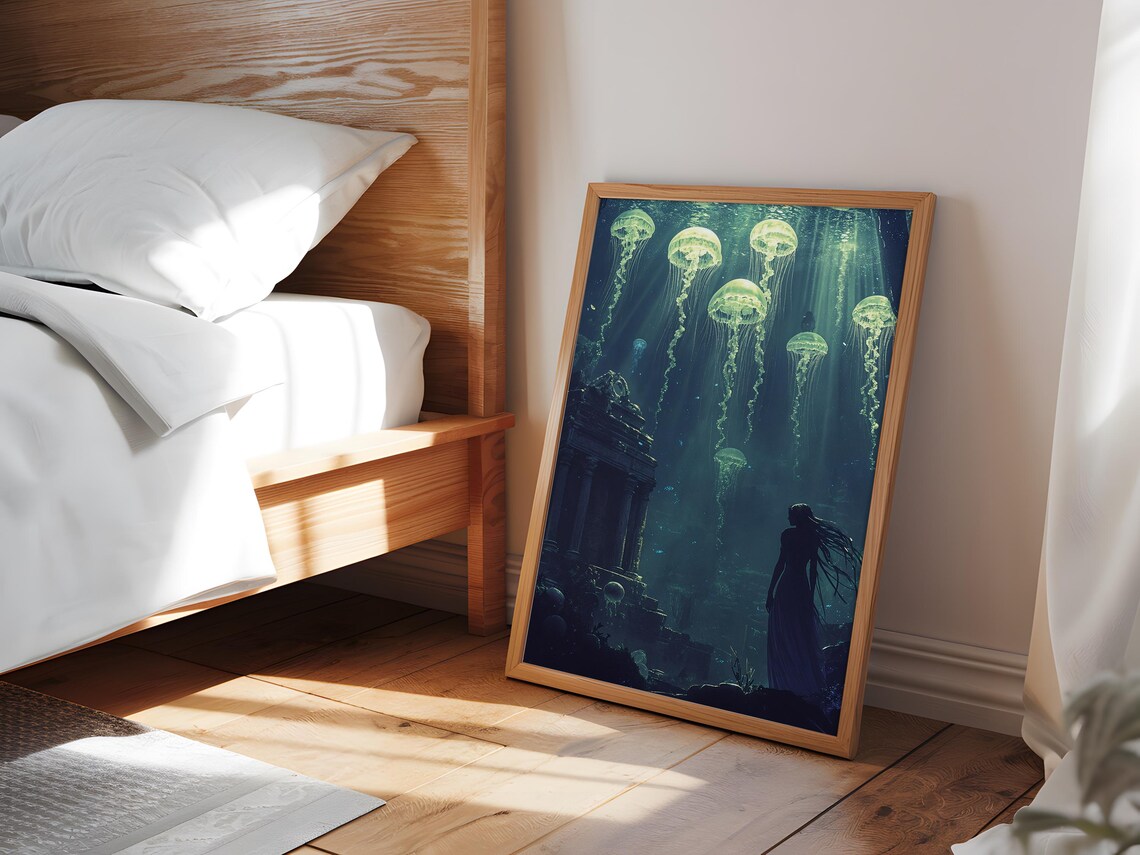 Ancient Depths Art Print Underwater Ruins Glowing Jellyfish Mystical Ocean Fantasy - Image 4