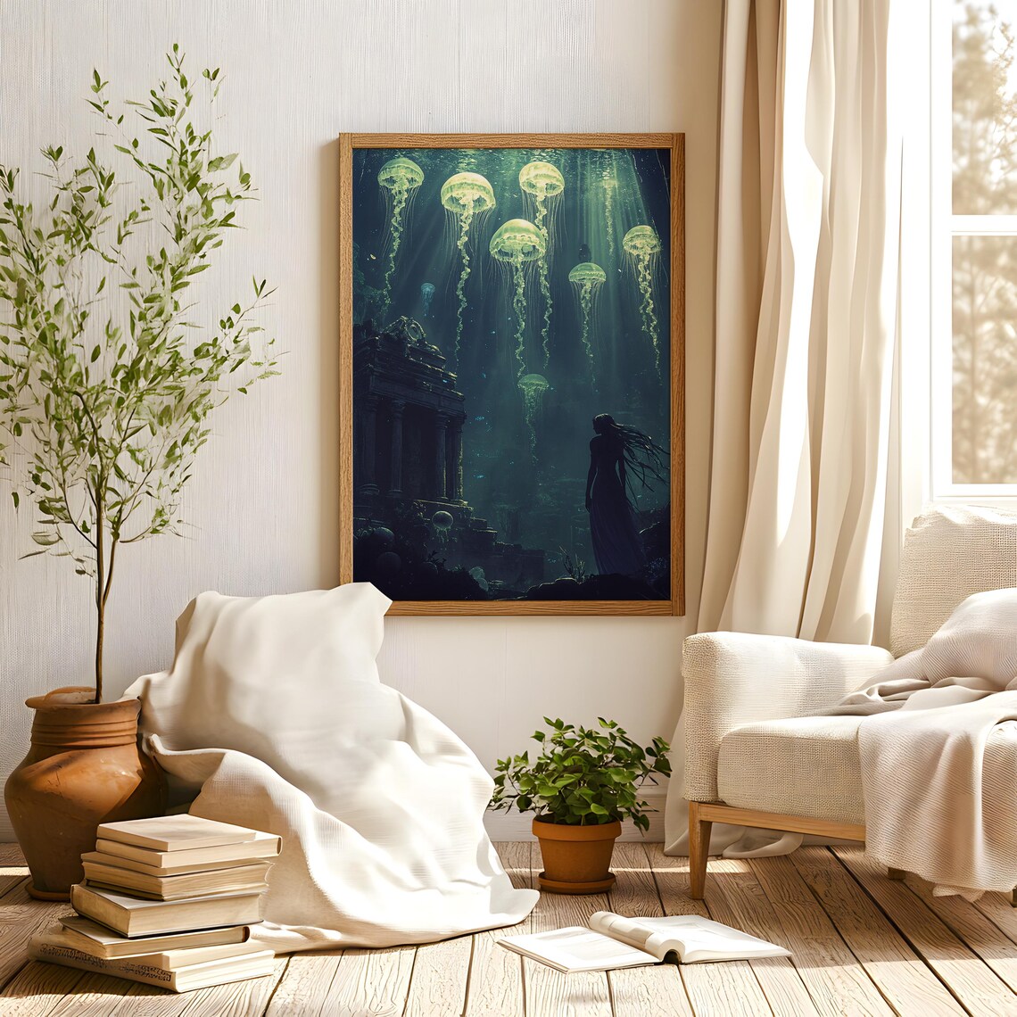 Glowing Green Jellyfish Underwater Ruins Woman Fantasy Art Poster - Image 2