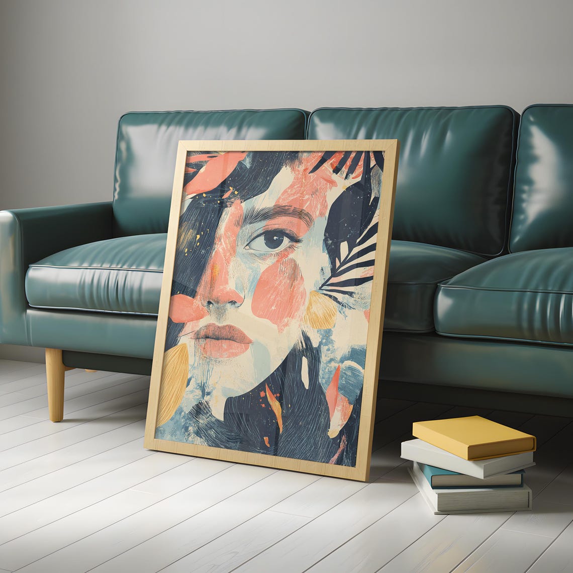 Expressive Woman Face Abstract Art Print Coral Navy Brushstroke - Image 2