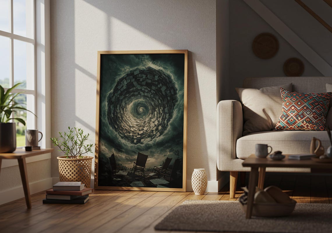 Dark Vortex Whirlwind Paper Pages Stormy Sky Surreal Chaos Art Poster - Image 2