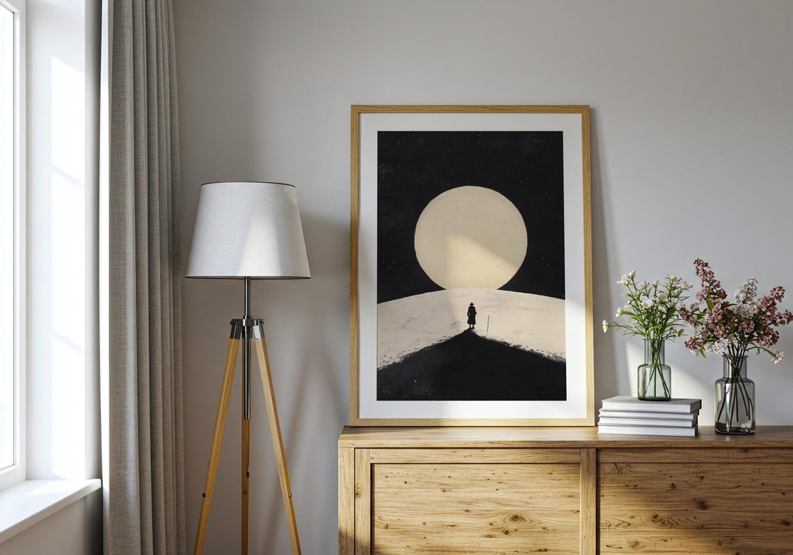 Lone Traveler Giant Moon Night Minimalist Snowy Hill Silhouette Poster - Image 3