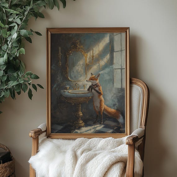 Refined Fox Art Print Elegant Anthropomorphic Animal Wall Whimsical Bathroom Decor