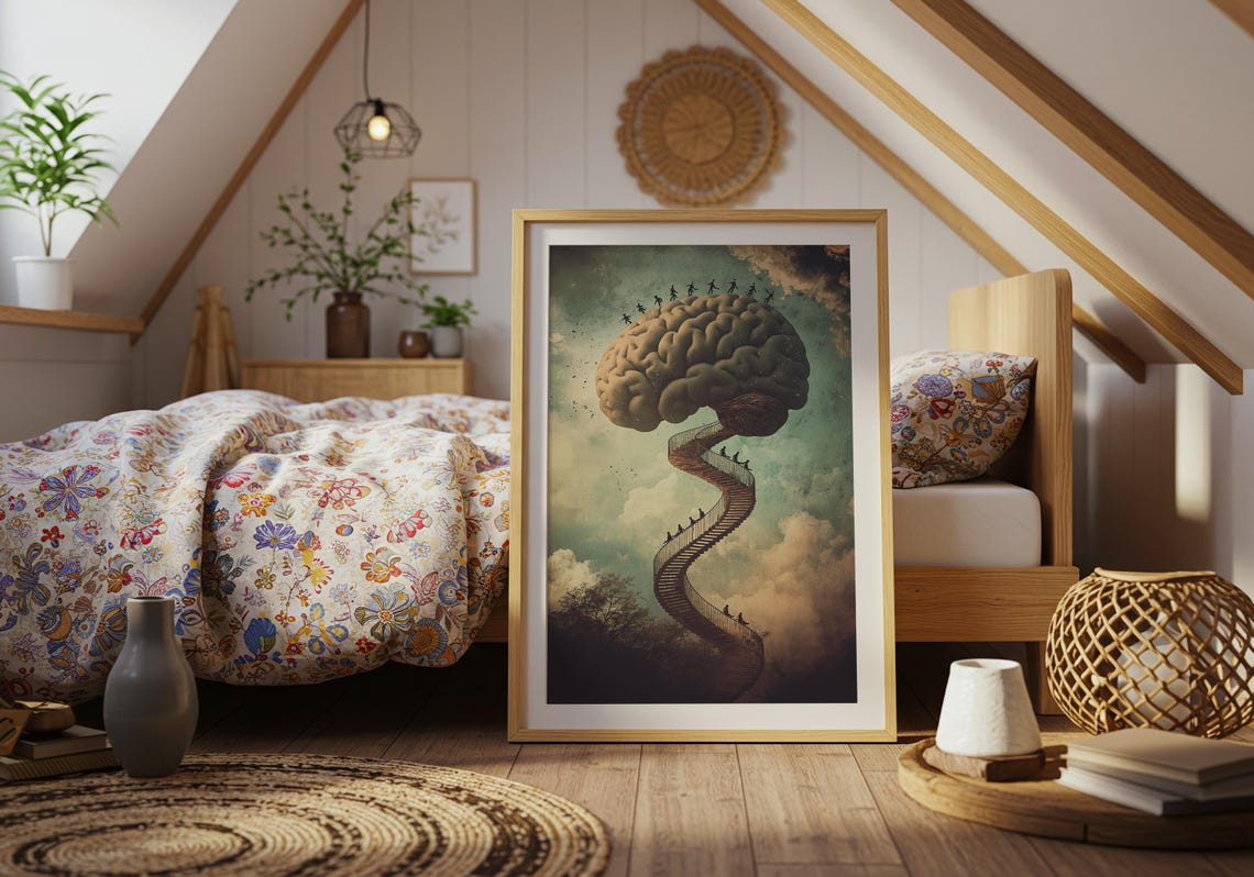 Brain Spiral Staircase Tiny Climbers Surreal Mind Journey Art Poster - Image 4