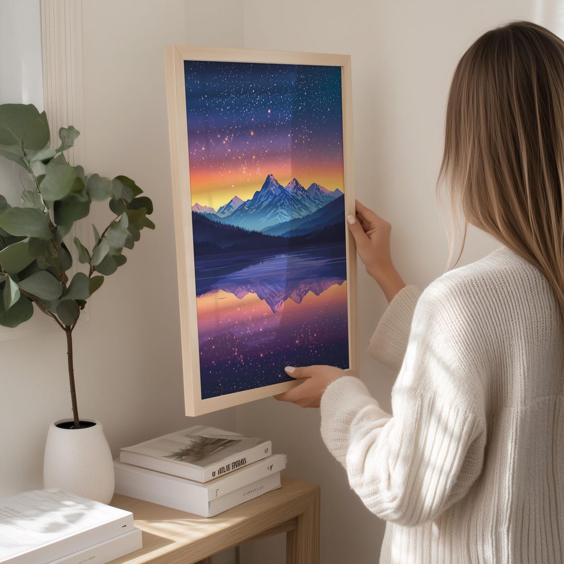 Starry Night Mountain Lake Sunset Reflection Landscape Poster - Image 3