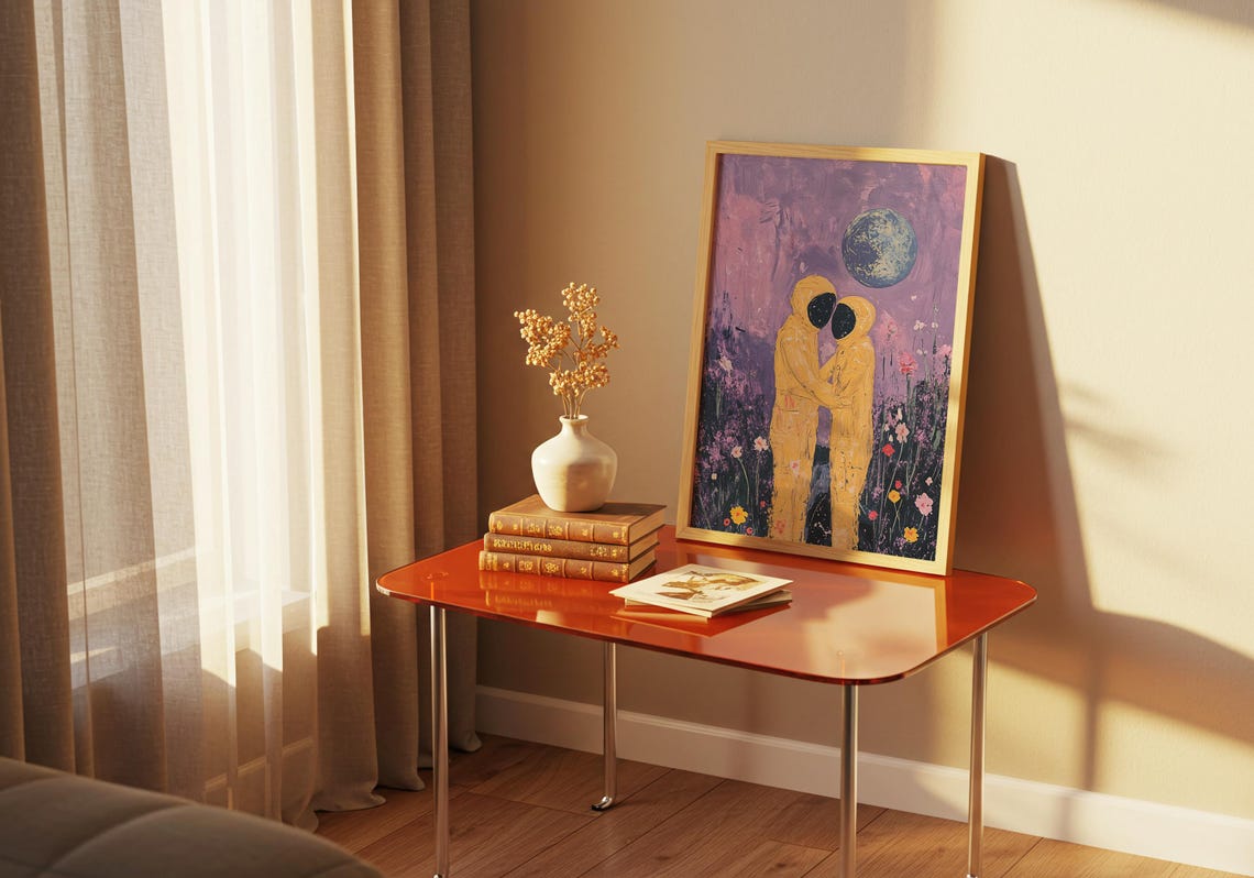 Astronaut Lovers Embracing in a Flower Field Under a Big Moon Poster - Image 3