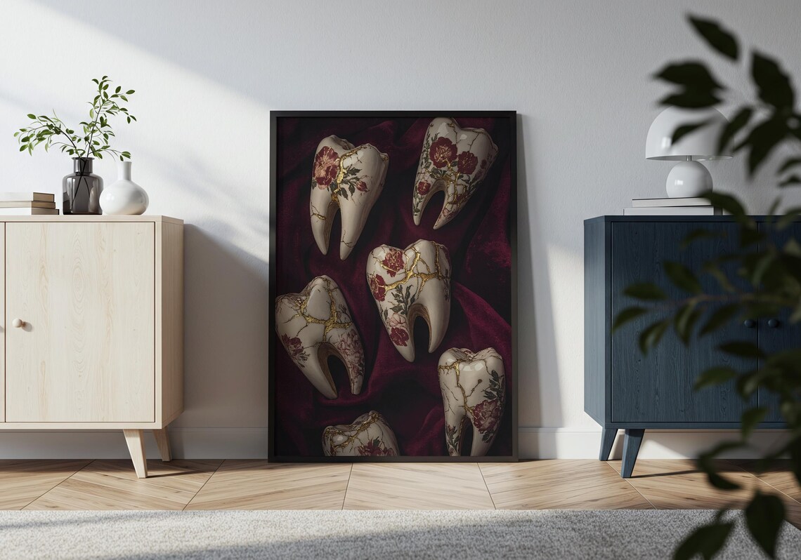 Kintsugi Porcelain Teeth Gold Crack Floral Gothic Dark Botanical Poster - Image 3