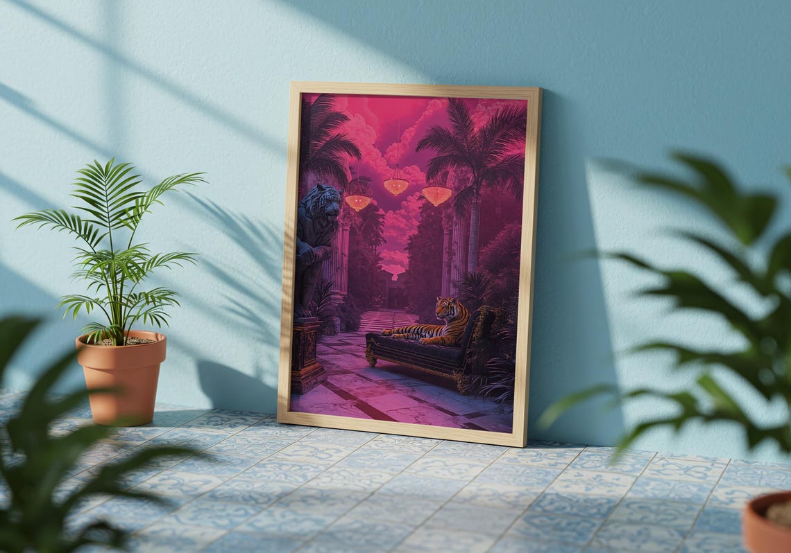 Neon Magenta Tiger Palace Dream Surreal Tropical Jungle Poster - Image 2