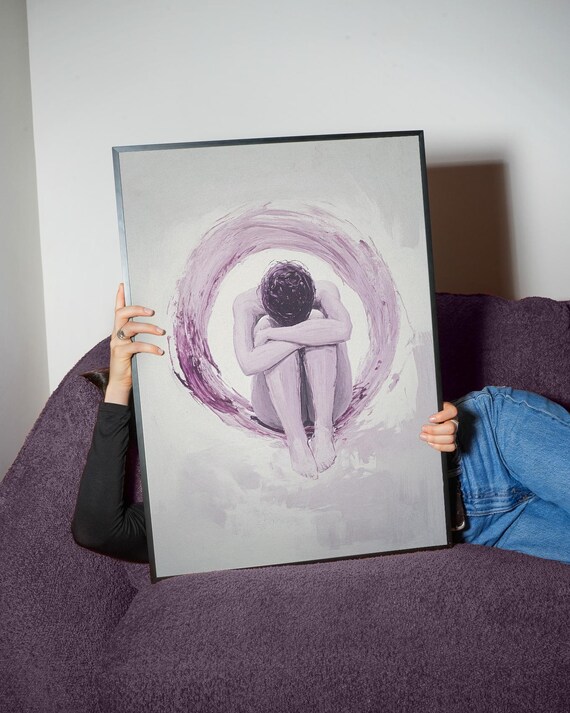 Violet Solitude Art Print Minimalist Emotional Figure Expressive Brushstroke Circle Poster
