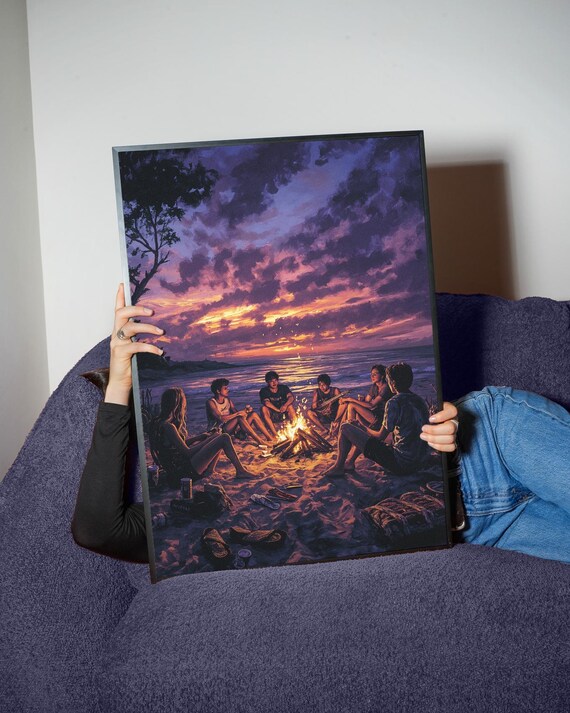 Beach Bonfire Sunset Friends Guitar Summer Night Ocean Art Poster