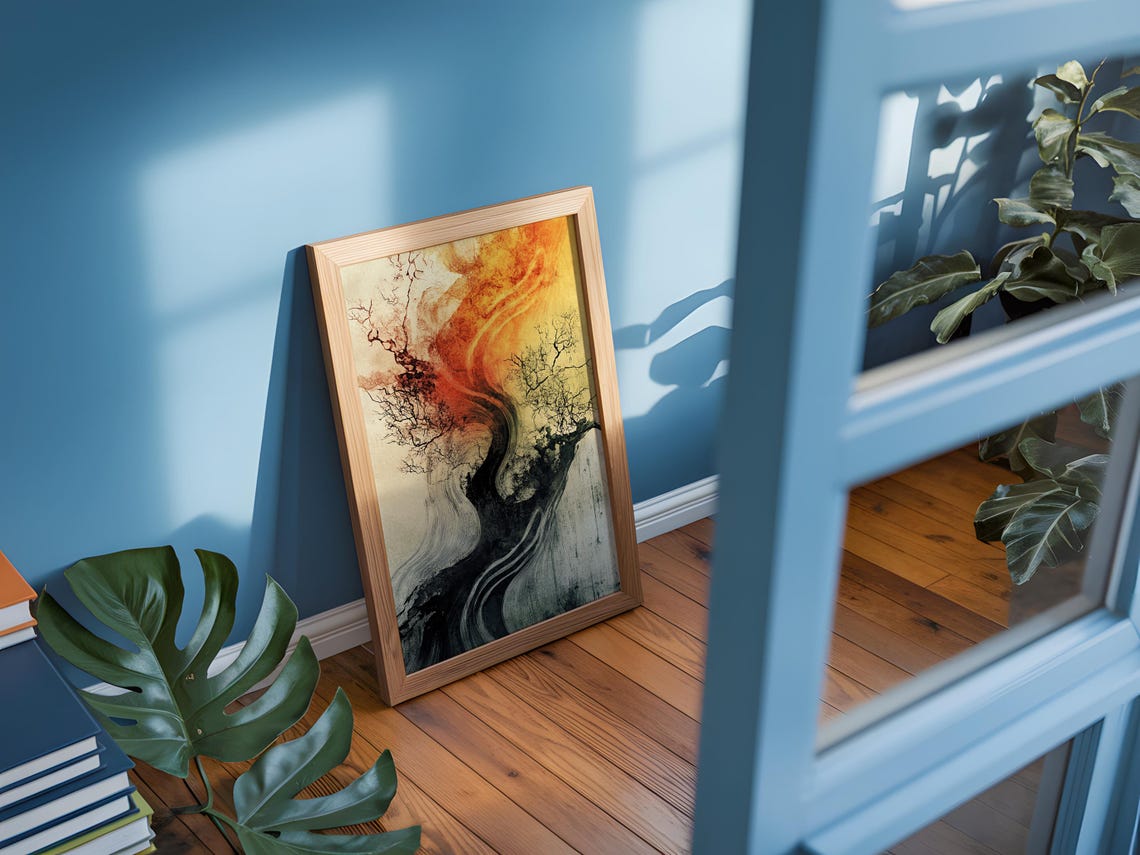Burning Tree Art Print Abstract Fiery Nature Wall Surreal Landscape Decor - Image 3