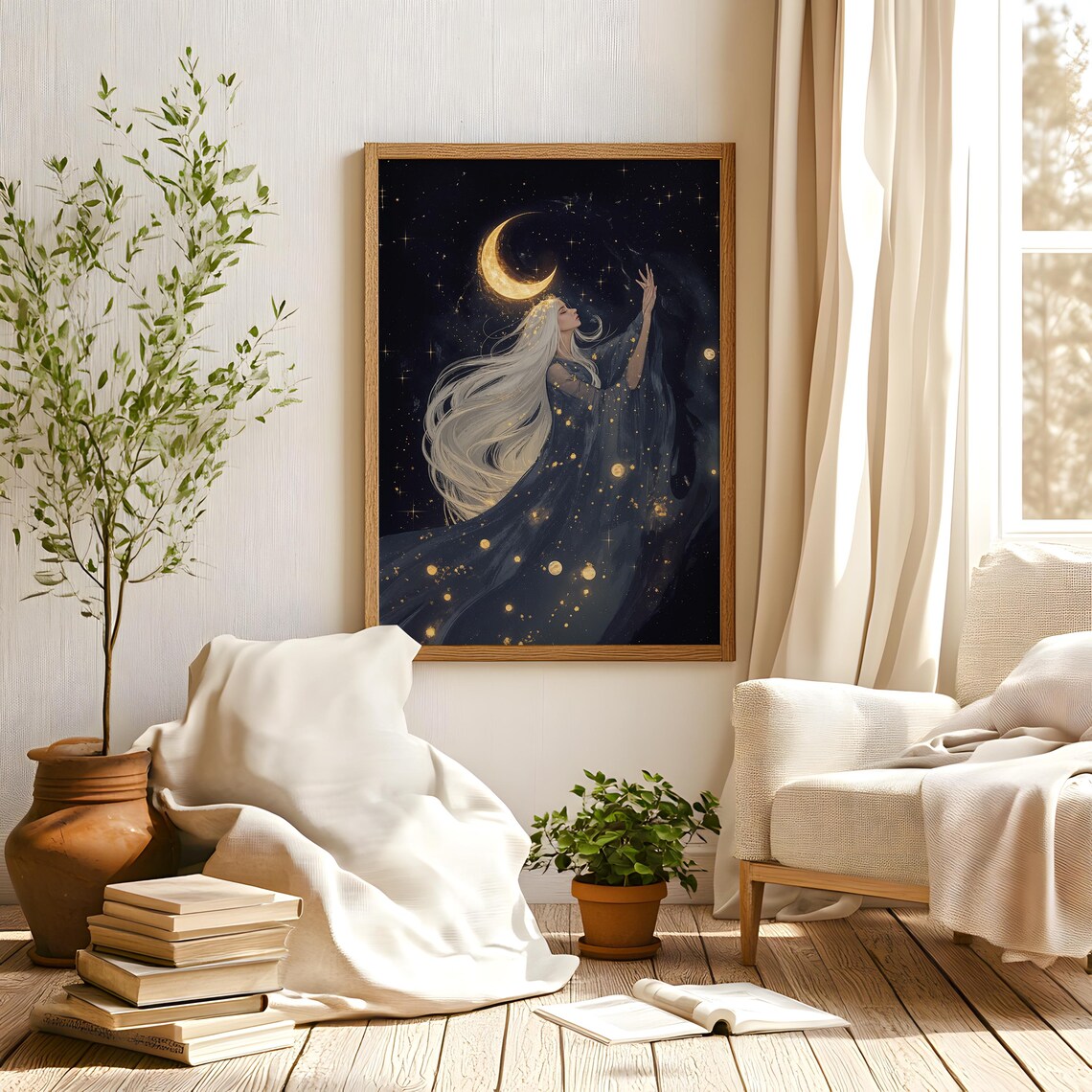 Moon Sorceress Reaching Crescent Moon Starry Night Fantasy Art Poster - Image 2