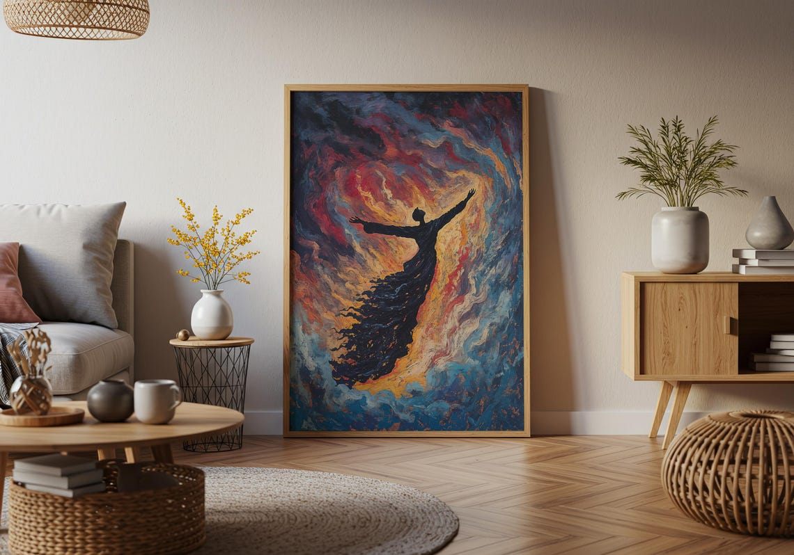 Fiery Silhouette Figure Swirling Red Blue Dramatic Wall Poster - Image 2