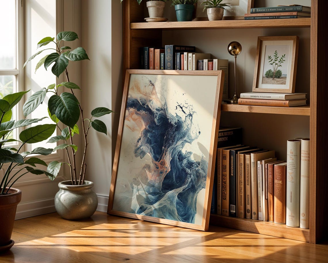 Ethereal Ocean Wave Abstract Fluid Art Navy Blue Coastal Wall Poster - Image 2