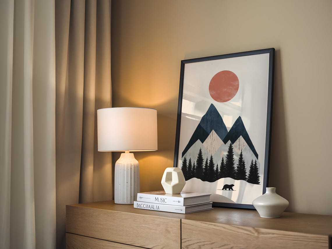 Minimalist Mountain Art Print Rustic Bear Sun Landscape Modern Nature Wall Decor - Image 3