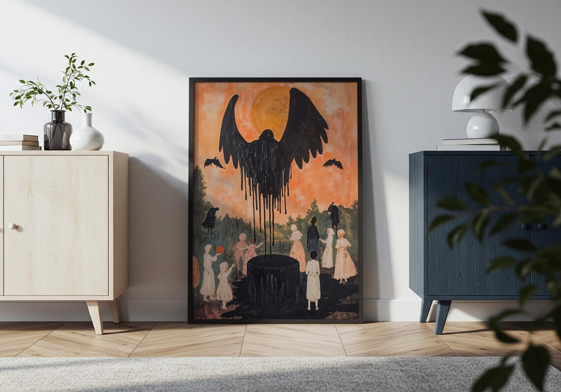 Gothic Folk Midnight Ritual Children Black Winged Spirit Orange Moon Wall Art - Image 4