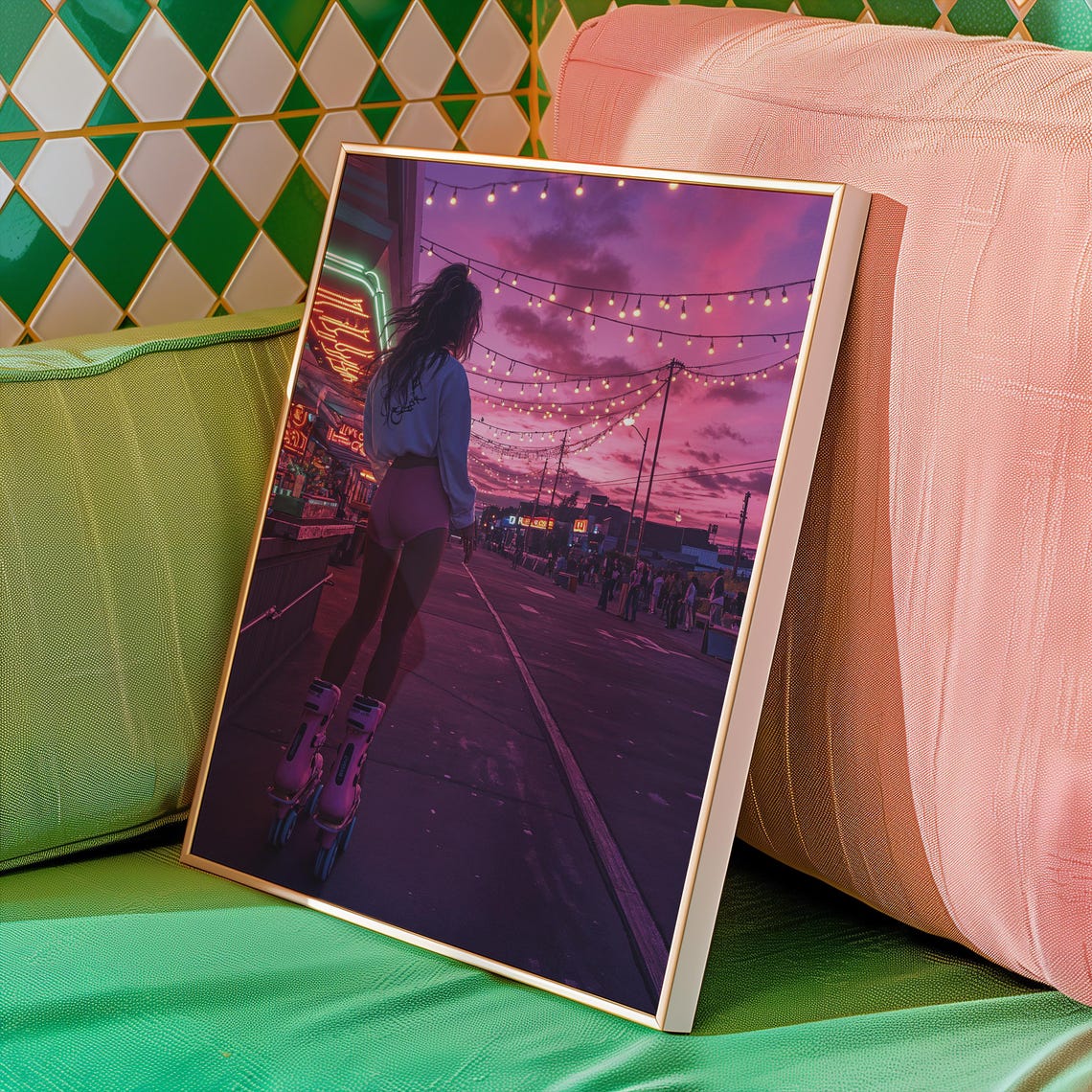 Roller Skater Sunset Boardwalk String Lights Retro Neon Art Poster - Image 5