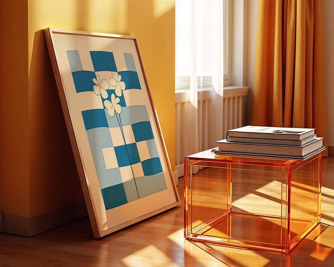 Retro Geometric Floral Blue Checkerboard Mid Century Wall Poster - Image 4