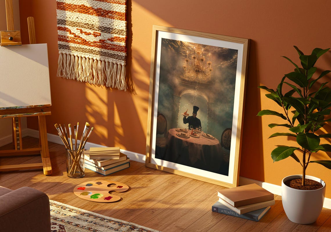 Chef Serving Candlelit Feast Chandelier Dreamy Dining Room Art Poster - Image 4