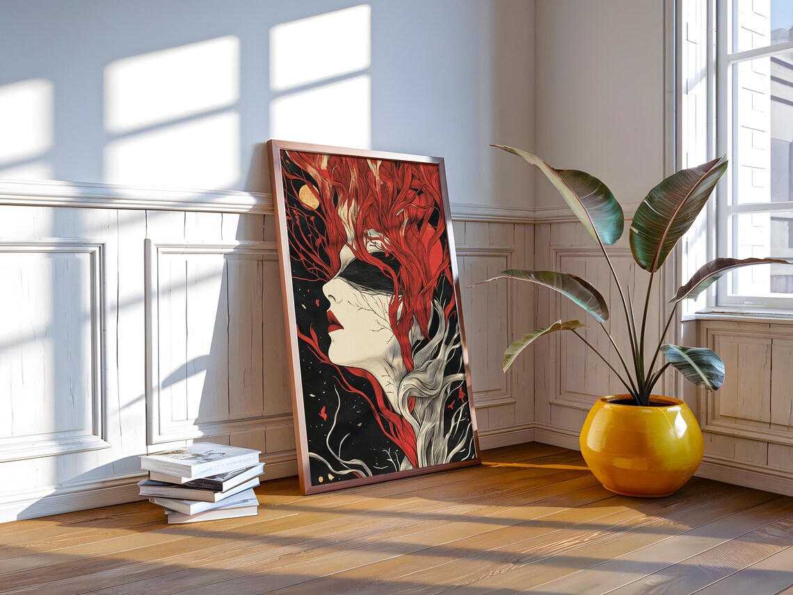 Surreal Woman Red Branch Hair Closed Eyes Gothic Portrait Art Poster - Image 2