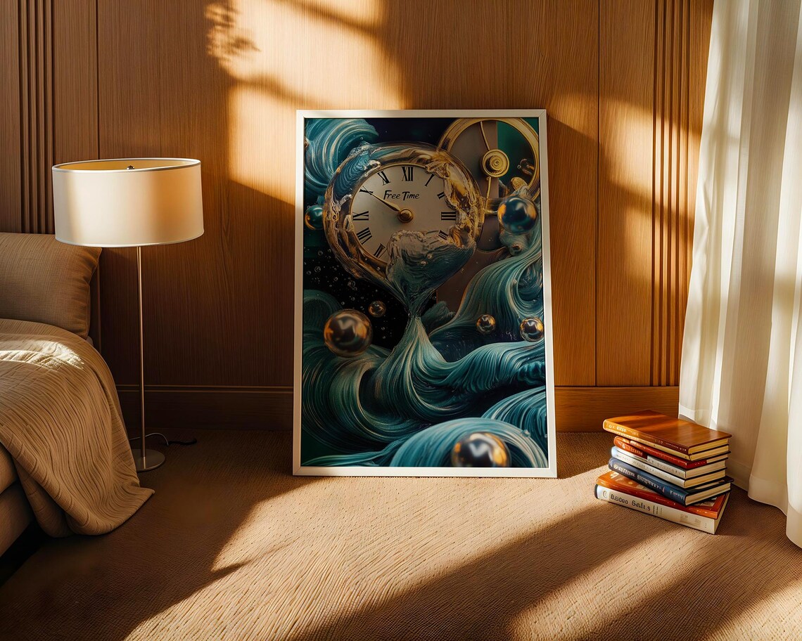Surreal Melting Clock with Free Time Dial in Teal and Gold Poster - Image 2