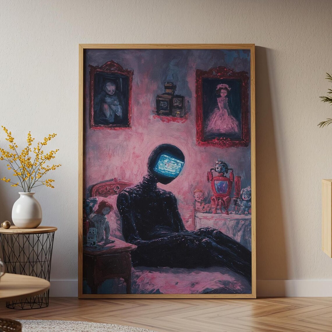TV Head Robot Figure Vintage Bedroom Pink Retro SciFi Mood Poster