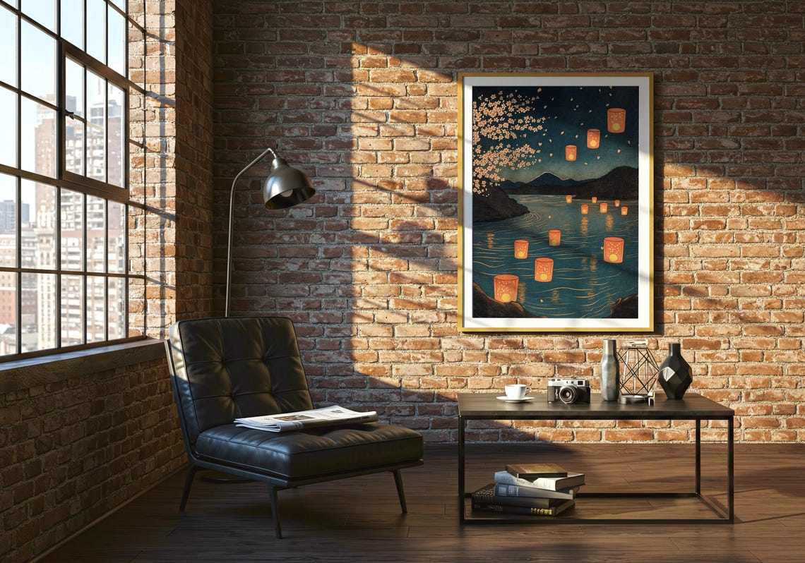Japanese Lanterns River Night Cherry Blossom Serene Wall Poster - Image 2